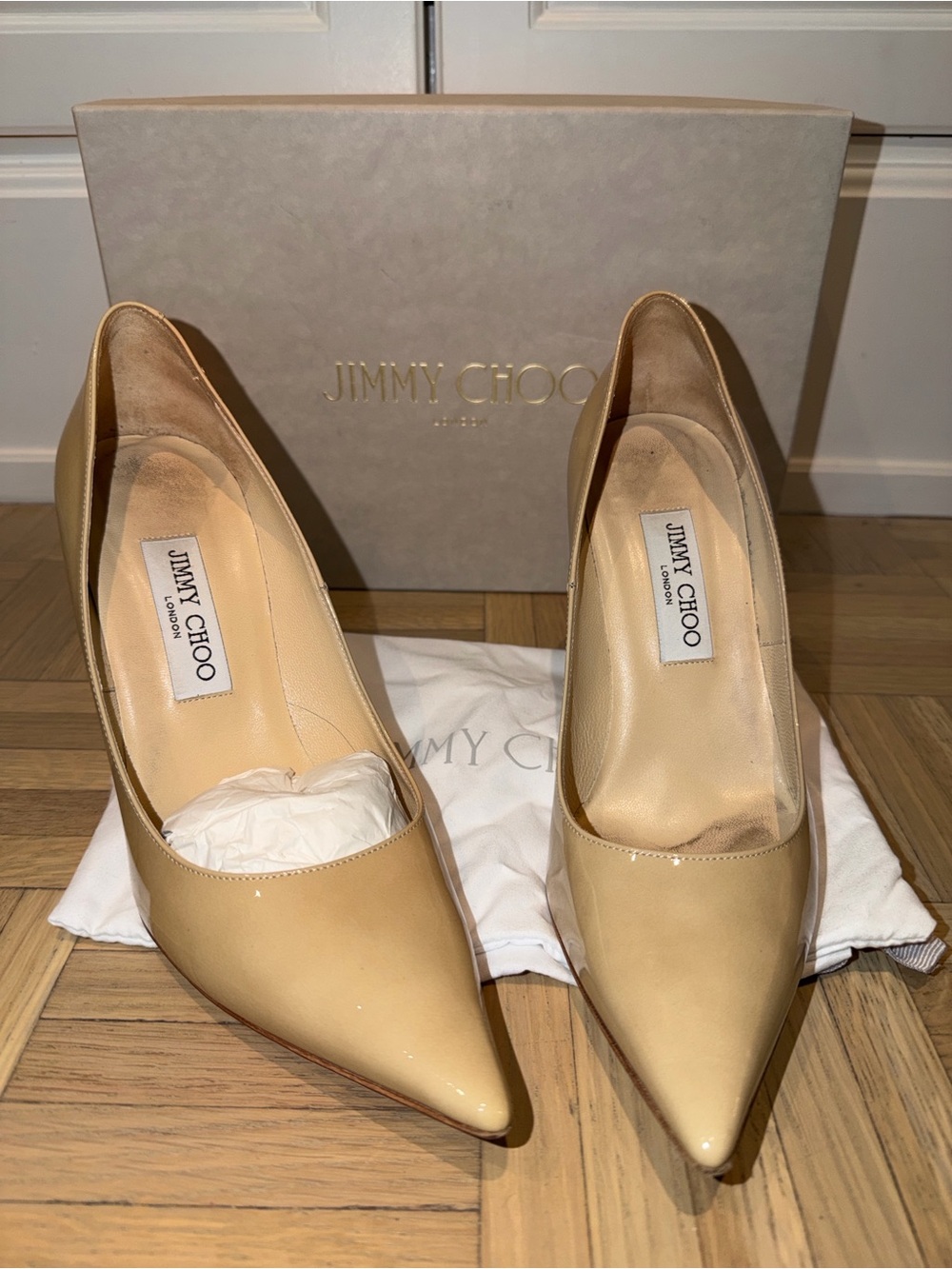 Used - Jimmy Choo Nude Patent Leather Pointed Stiletto Pumps - Size 39